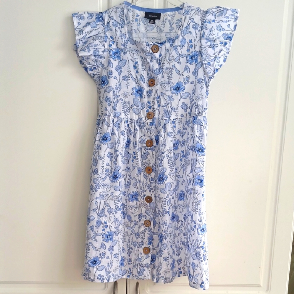Picapino Girls Floral Blue and White Dress